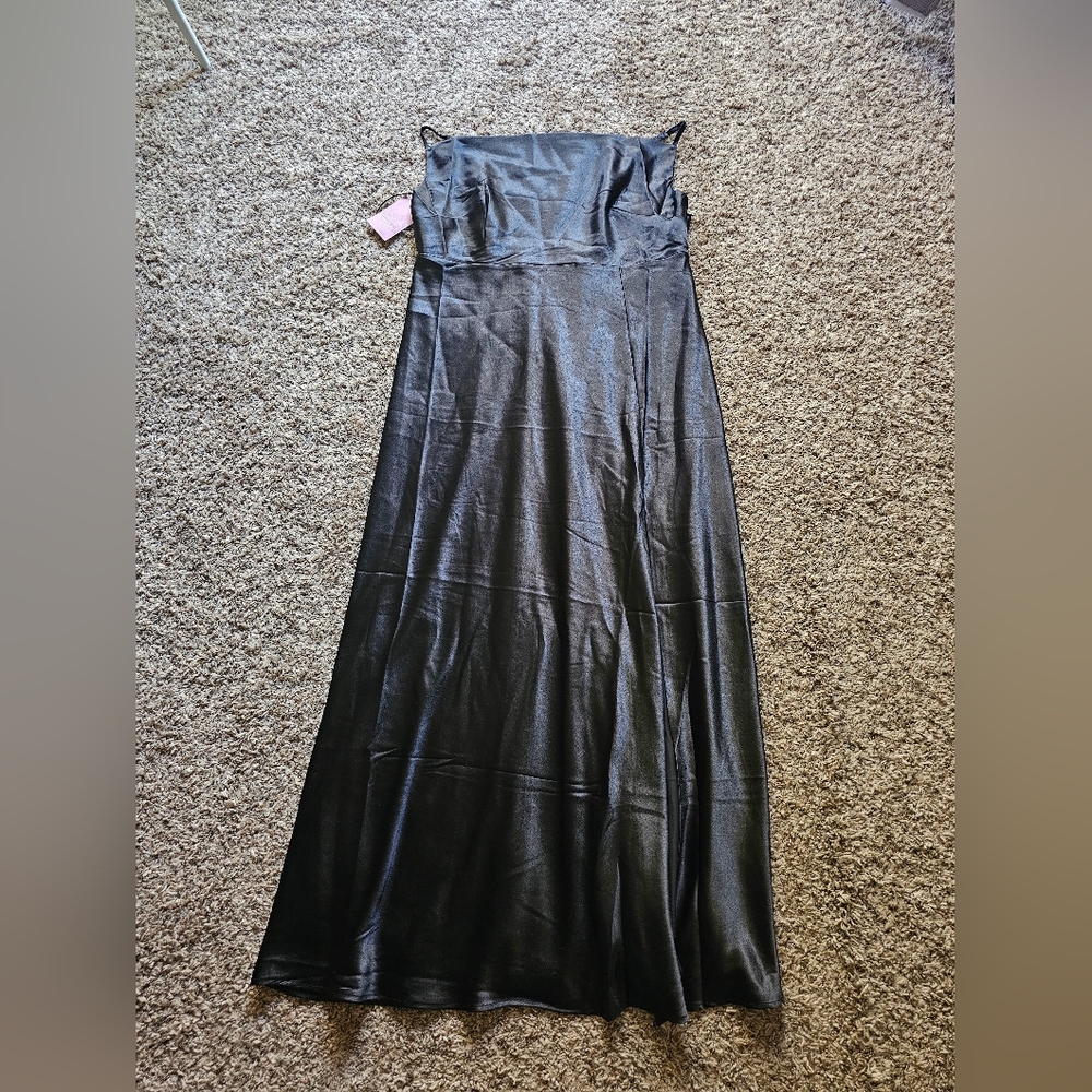 NwT Birdy Grey Satin Black Elegant Chic Leg cut out Maxi Dress Sz 2X - Picture 2 of 11